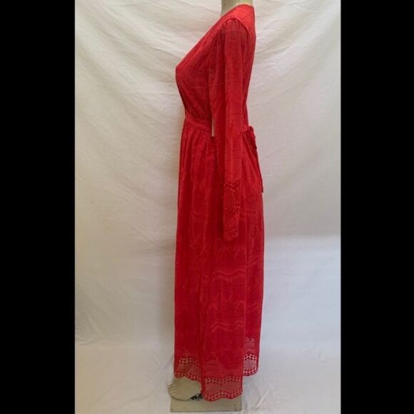 Olivia Culpo Red Lace Maxi Dress Embroidered Long Sleeve Medium - Picture 5 of 13